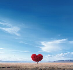 Fototapeta premium Lone tree with red heart-shaped foliage standing in a vast open field under a clear blue sky, symbolizing love and solitude in nature.