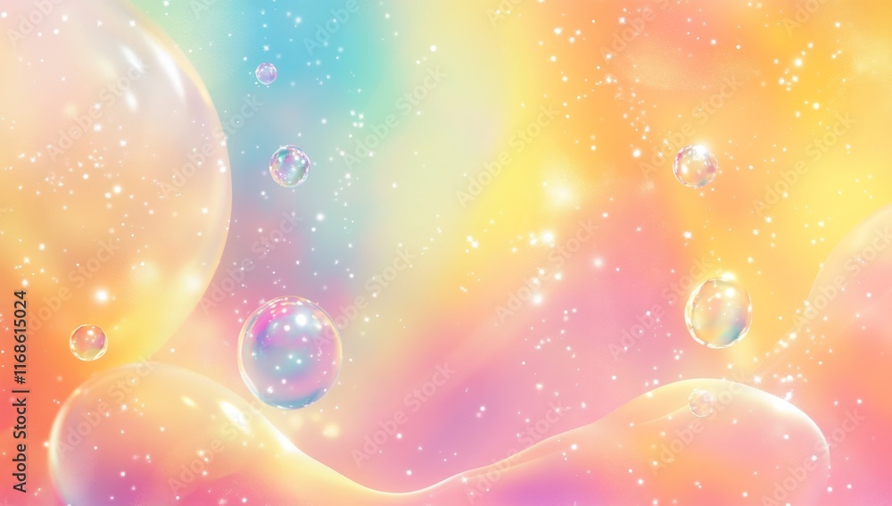 Poster pastel rainbow abstract background with floating bubbles and sparkles.