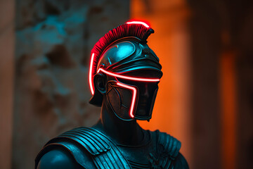 Vintage bronze centurion helmet glowing under electric blue neon, merging classical Roman military heritage with cyberpunk aesthetic