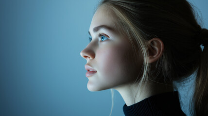 Fototapeta premium A young woman side profile in soft blue lighting, showcasing a serene and contemplative mood in a minimalist setting.