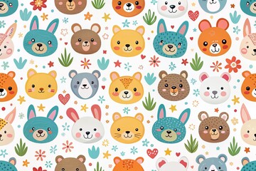 Adorable Animal Faces Pattern: Cute Cartoon Background for Kids