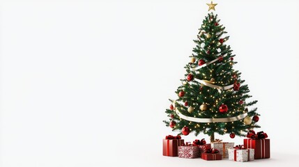 Obraz premium A festive New Year Christmas tree with presents under it, decorated with ribbons and sparkling ornaments, isolated on a clean white background.