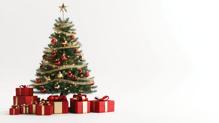 A festive New Year Christmas tree with presents under it, decorated with ribbons and sparkling ornaments, isolated on a clean white background.