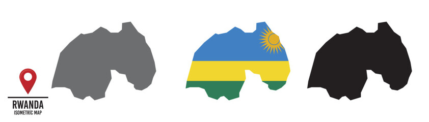 Set of different maps with national flags of Rwanda. 