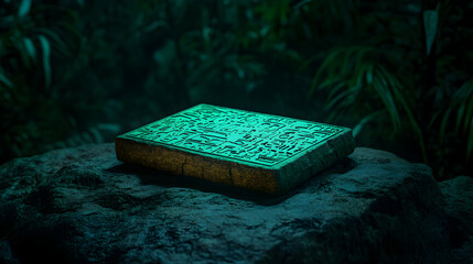 Luminous stone tablet emanating ethereal glow nestled among lush jungle rocks, blending mystical ancient technology with sci fi aesthetic