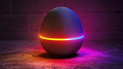 Illuminated Egg Shaped Device on Dark Background Neon Lights Modern Technology