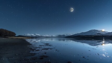 Fototapeta premium starlit night with full moon over lake