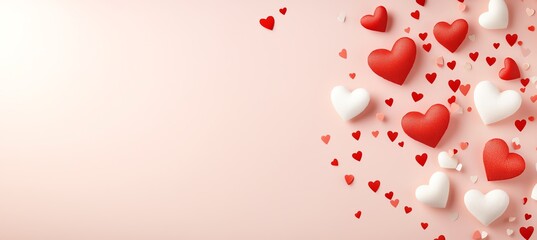 Obraz premium A romantic background with red and white hearts cascading on a soft pink backdrop, perfect for Valentine's Day, weddings, or love-themed designs.
