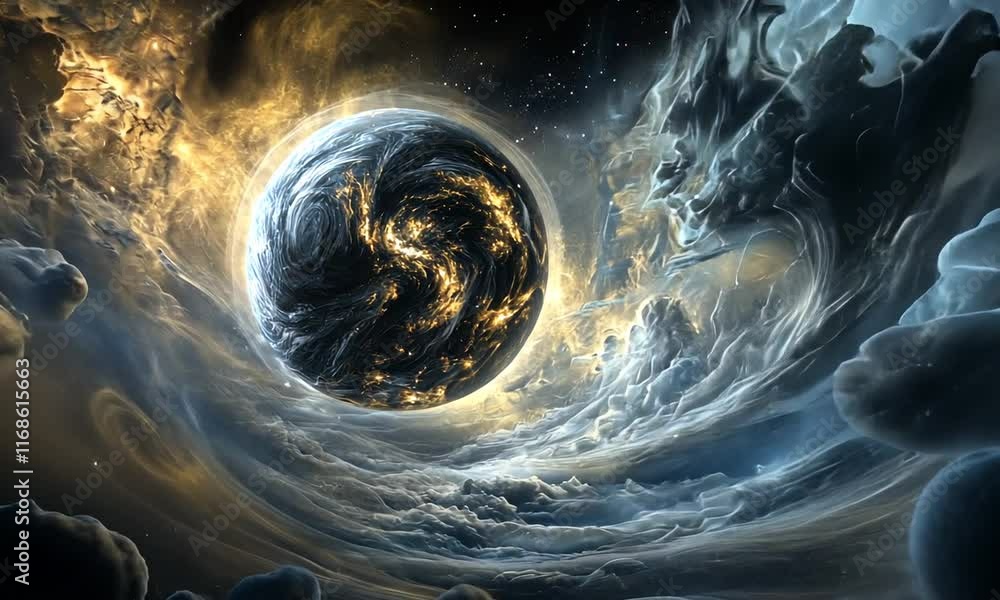 Poster cosmic planet enveloped in celestial clouds: a vision of intergalactic wonder
