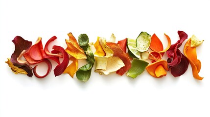 A flat lay of colorful vegetable scraps and fruit peels, arranged symmetrically on a pure white background.