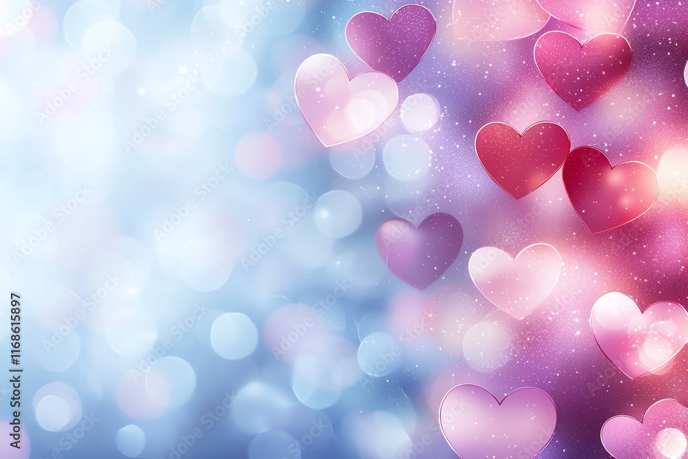 Poster vibrant abstract background with floating hearts and bokeh lights in shades of pink and blue, creati