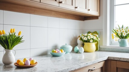 Spring kitchen decor with tulips and easter eggs on marble countertop