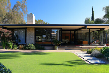 Obraz premium American mid-century modern house with clean architectural lines, a flat roof, and open outdoor living space.