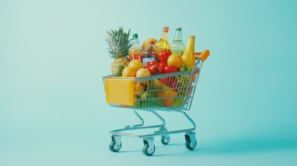 A fully loaded shopping cart with fresh fruits, vegetables, and bottled drinks, isolated on a light blue background.