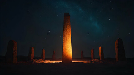 Retro futuristic glowing obelisk rising among ancient menhirs in a desert landscape, illuminated under a starry night sky, evoking feelings of mystery and wonder from lost civilizations
