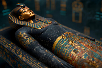 Golden mask and hieroglyphs embellishing an ancient Egyptian sarcophagus, set against a futuristic museum backdrop with glowing digital hieroglyphs, merging history and technology