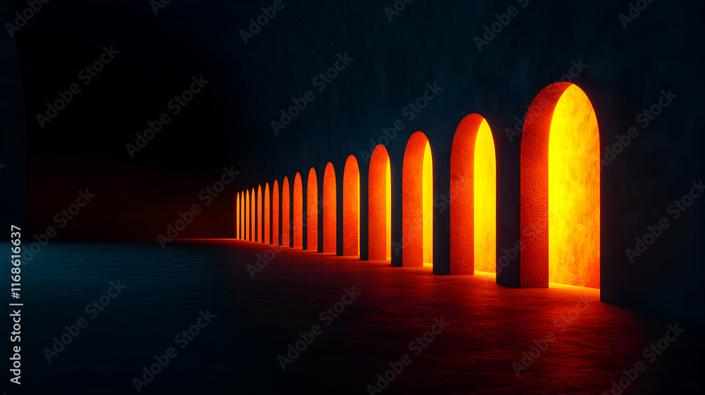 Poster glowing orange arches are creating a vanishing point in a dark mysterious space with a concrete floo
