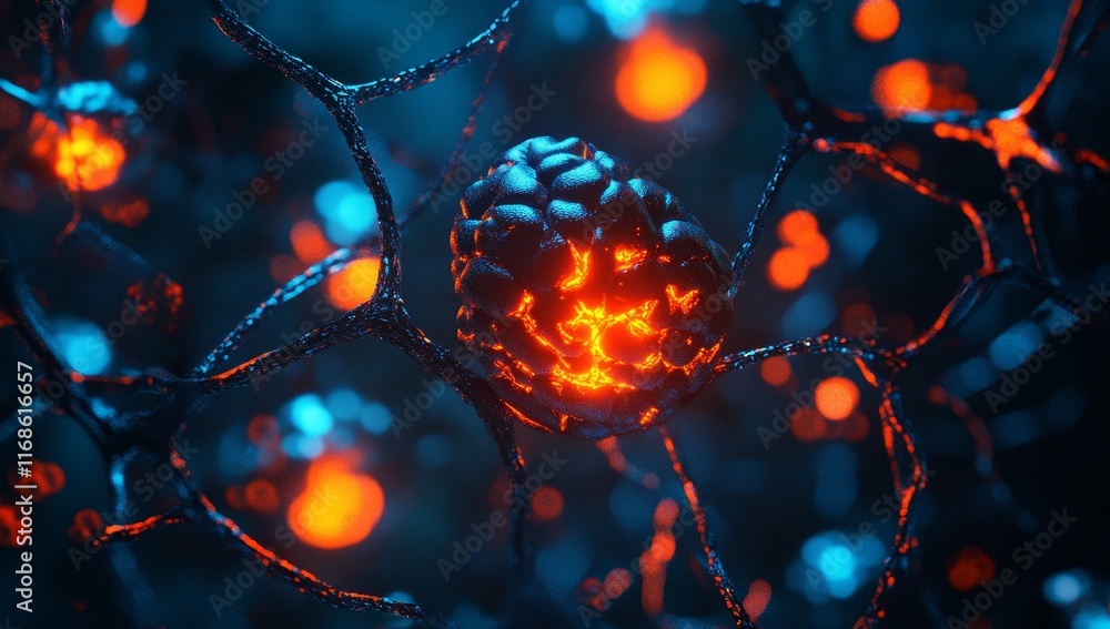 Poster glowing neuron cell in complex neural network.