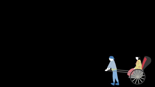 日本の観光地で着物姿の女性が乗る人力車のイラスト動画素材