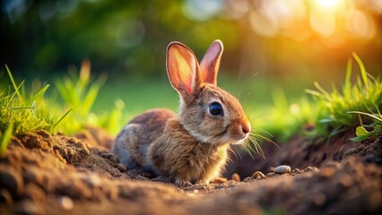 Fototapeta premium Adorable Bunny Rabbit Digging Burrow Hole in Garden Soil - Cute Wildlife Stock Photo