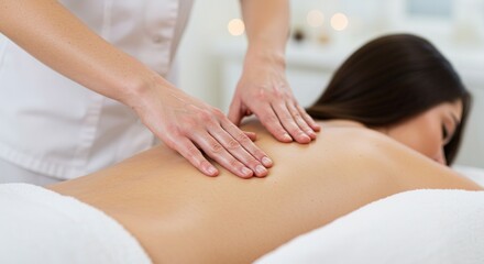 Obraz premium Relaxing Back Massage: A serene spa treatment featuring a therapist's gentle hands working on a client's back, promoting relaxation and well-being. The image conveys calmness and tranquility. 