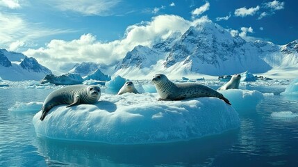 A group of seals lounging on floating icebergs in Jkulsrln Lagoon, the snowy peaks of Iceland's glaciers visible in the background.