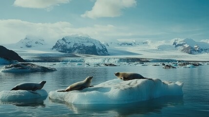 A group of seals lounging on floating icebergs in Jkulsrln Lagoon, the snowy peaks of Iceland's glaciers visible in the background.