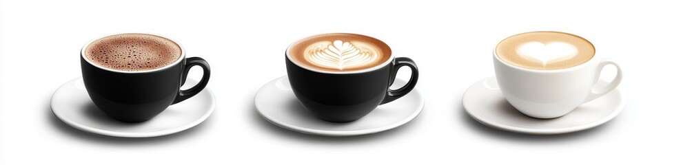 Three cups of coffee with different designs on top.