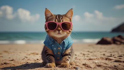 Cat wearing pink sunglasses relaxing in the beach and sea background.