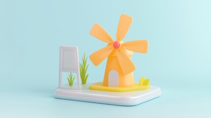 Cartoon Windmill Scene 3D Render of Yellow Windmill with Blank Sign and Plants