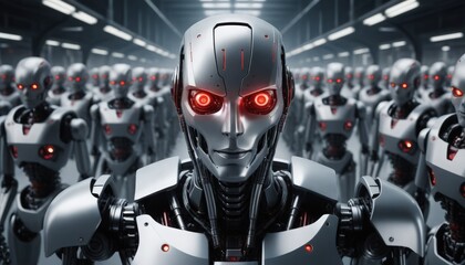 Fototapeta premium In a futuristic workshop, an assembly of humanoid robots stands poised, designed with metallic bodies and glowing red eyes. The air buzzes with advanced technology, hinting at a groundbreaking future