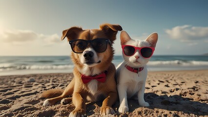 Selfie cat and dog wearing sunglasses on a beach. Sunny day with blue water and palm trees.