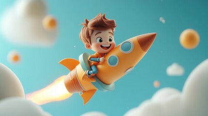 A Cheerful Boy on a Rocket in 3D Cartoon Style Among Clouds and Stars, Dream Illustration
