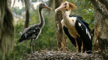 A juvenile greater adjutant standing next to an adult in a nest, their differences in size and plumage evident.