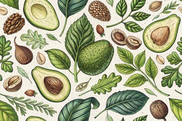 Seamless pattern with  avocado, vegetable, nature, wallpaper, background, fabric