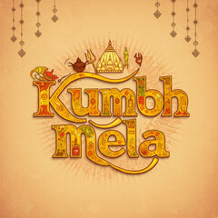 Fototapeta premium Ornate Kumbh Mela text with a crown, temple, and floral decorations, symbolizing cultural richness and divinity