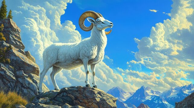 A majestic lone Dall sheep ram standing confidently on a rocky ledge, its curved horns catching the sunlight against a vibrant blue sky.