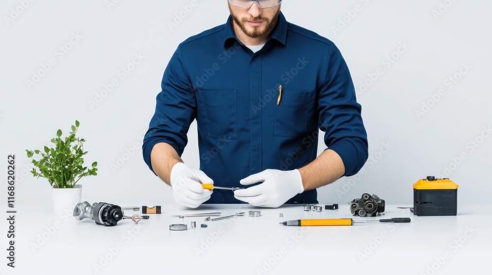 Poster a technician working with tools and components on a table.