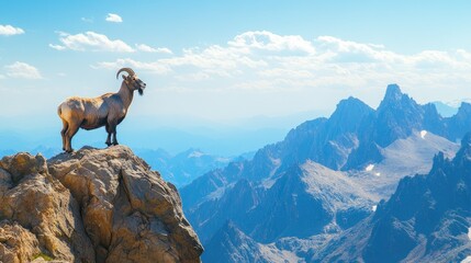 Naklejka premium A majestic mountain goat standing on a rocky ledge overlooking a vast, rugged mountain range under a clear blue sky.