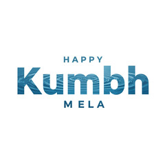 Happy Kumbh Mela text in a simple blue design on a white background, symbolizing serenity