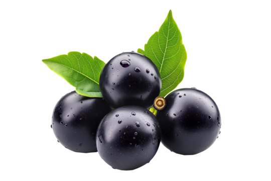 Fresh dark purple acai or Jabuticaba berries with green leaves, isolated on white transparent background. Concept of healthy nutrition and superfoods