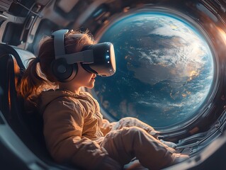 A child in a VR headset floats in a zero-gravity virtual space station, gazing through a digital window. The scene feels futuristic, ideal for promoting VR technology or space-themed learning tools.