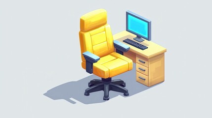 Modern Yellow Office Chair at Desk with Computer Isometric View Cartoon Style Illustration