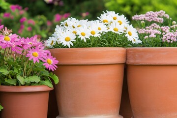 Fototapeta premium Vibrant Flower Pots Displaying Colorful Blooms in a Lush Garden Setting