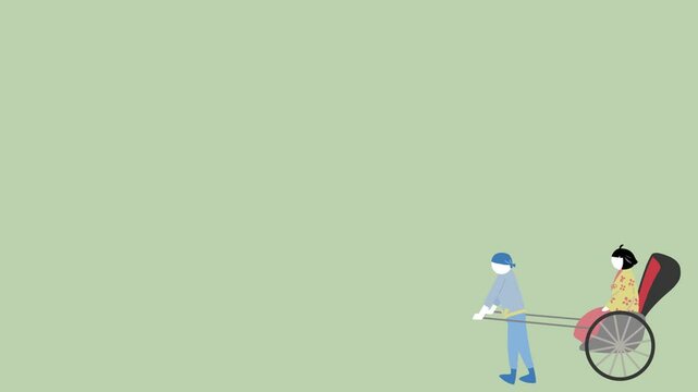 日本の和服を着た女性を人力車に乗せて引っ張っていく男性の動画ビデオイラスト素材