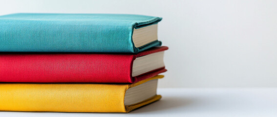 Stack of three colorful books on a white surface.