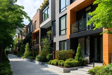 Fototapeta premium Sleek urban townhouse with modern architectural details, a small balcony, and lush street landscaping.