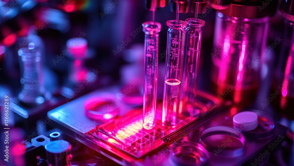 Poster close-up view of a laboratory setting with test tubes filled with colorful liquids under vibrant pin
