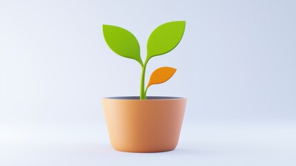 Growing Plant in Orange Pot Minimalist 3D Render New Life Sprout Growth Concept