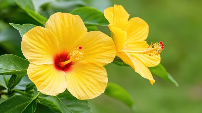 Bright Yellow Hibiscus Flowers with Red Accent in Lush Green Background